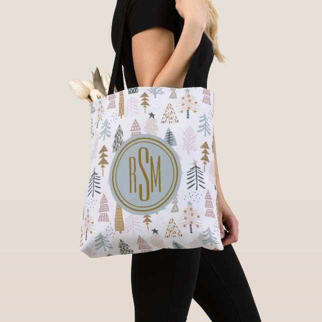 Elegant Monogram, Rustic Winter Trees Shoulder Tote Bag (Close Up)