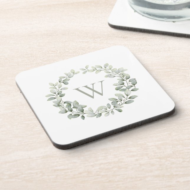 Elegant Monogram Sage Foliage Wreath Beverage Coaster (Left Side)