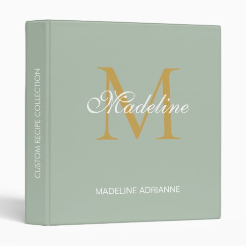 Elegant Monogram Sage Gold Script Office School  3 Ring Binder