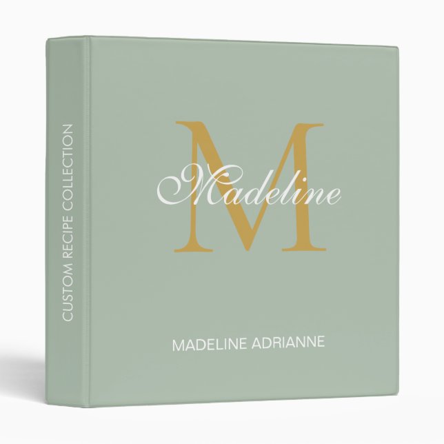 Elegant Monogram Sage Gold Script Office School  3 Ring Binder (Front/Spine)