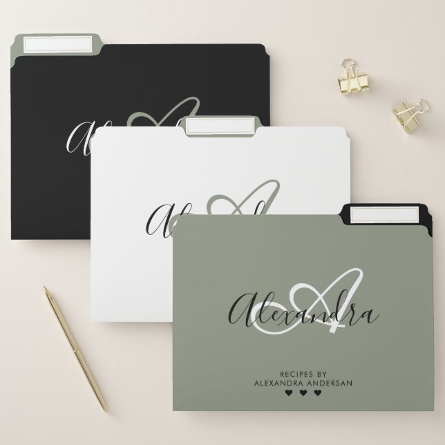 Elegant Monogram Sage Green Chic Black Script Name File Folder (Set)