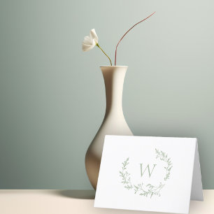 Elegant Monogram Sage Green Floral Leaves Crest Letterpress Thank You Card