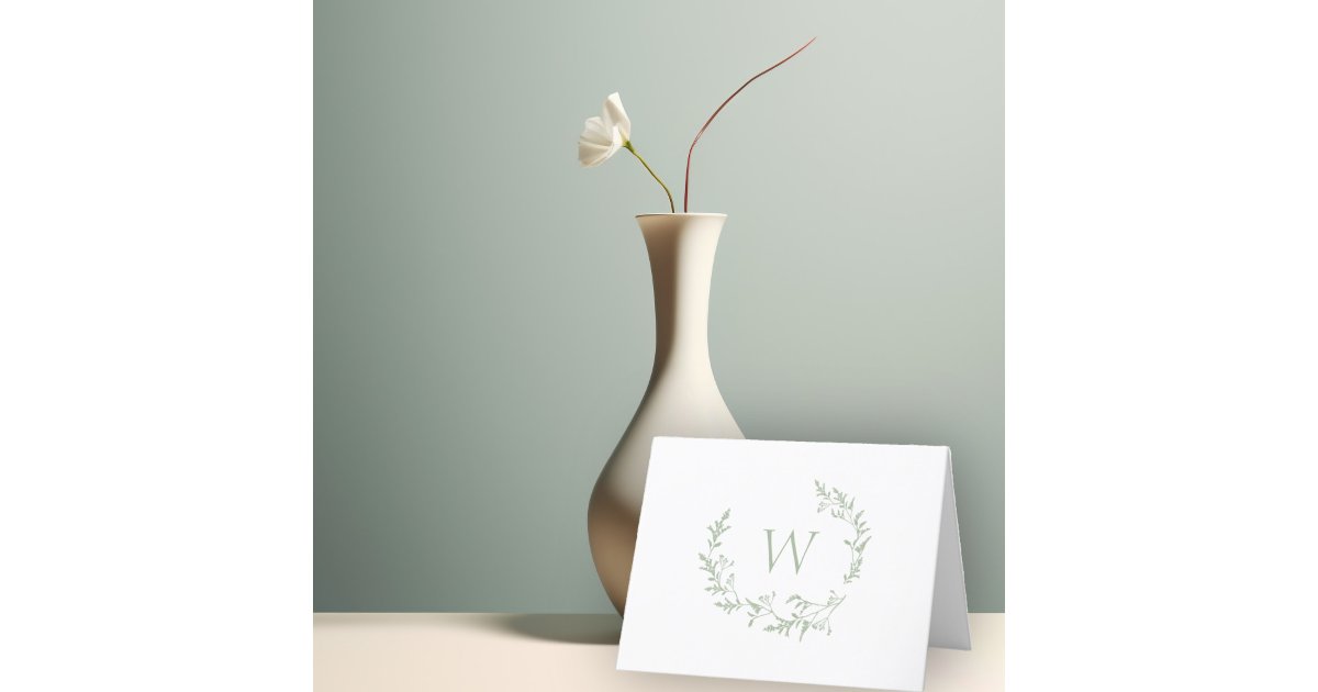 Elegant Monogram Sage Green Floral Leaves Crest Thank You Card | Zazzle