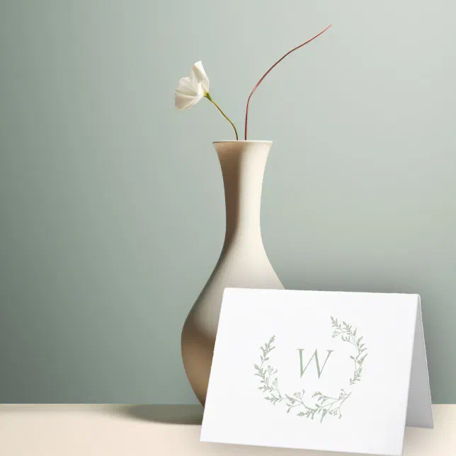 Elegant Monogram Sage Green Floral Leaves Crest Thank You Card | Zazzle
