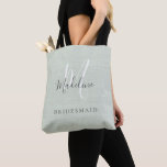 Elegant Monogram Sage Green Girly Bridesmaid Gift  Tote Bag<br><div class="desc">Elegant Monogram Sage Green Girly Bridesmaid Gift Tote Bag. Personalize this classic sage green linen look monogrammed tote with initial and name in a modern,  chic,  and girly script typography. Perfect wedding gifts for bridesmaids.</div>