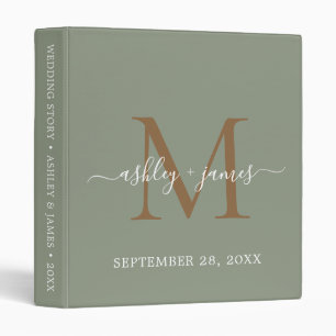 Elegant Monogram Sage Green & Gold Script Wedding 3 Ring Binder