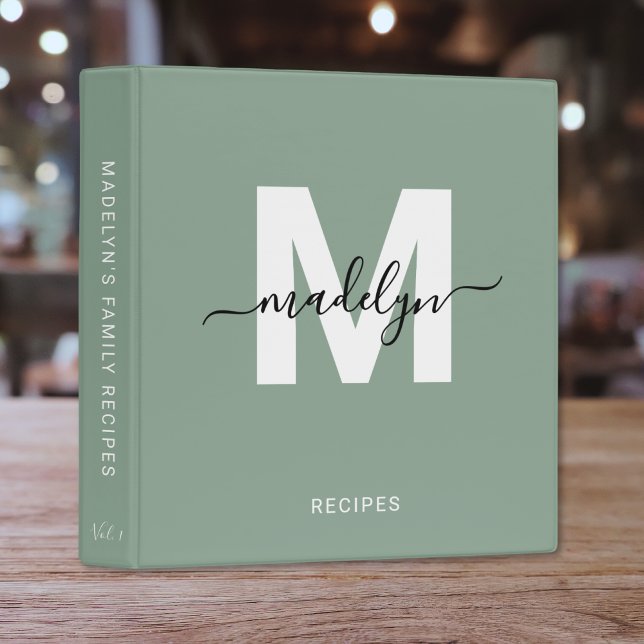 Elegant Monogram Sage Green Recipe 3 Ring Binder (Elegant Monogram Sage Green Recipe 3 ring binder)