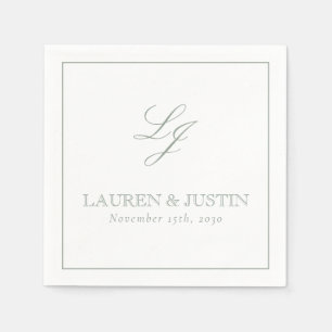 Elegant Monogram Sage Green Simple Script Wedding Napkins