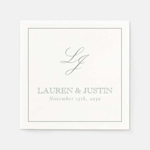 Elegant Monogram Sage Green Simple Script Wedding Napkins