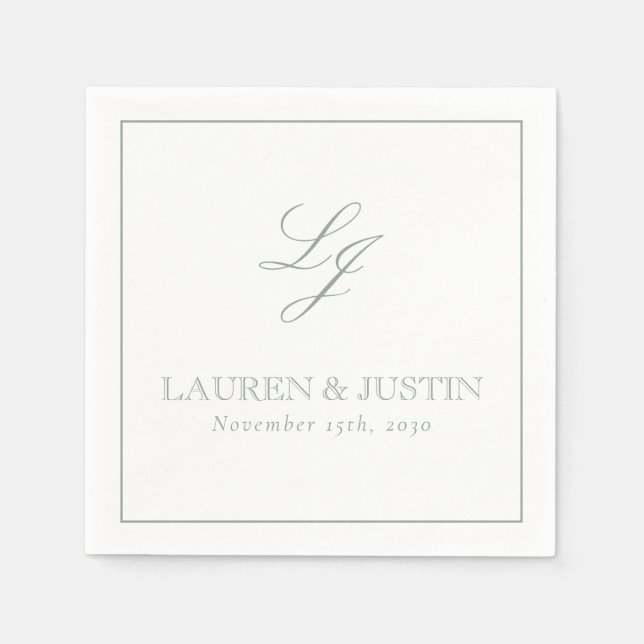 Elegant Monogram Sage Green Simple Script Wedding Napkins (Front)