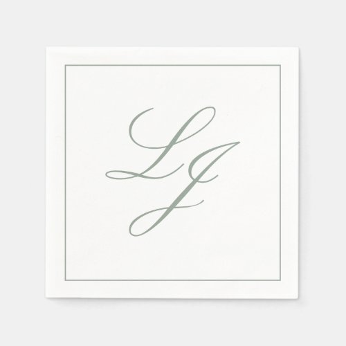 Elegant Monogram Sage Green Simple Script Wedding Napkins