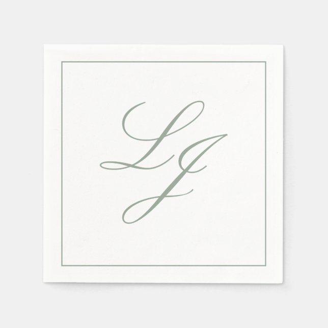 Elegant Monogram Sage Green Simple Script Wedding Napkins (Front)