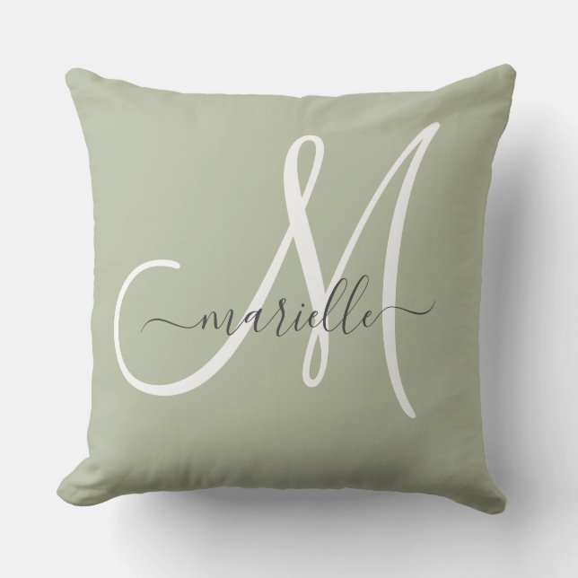 Elegant Monogram Sage Green Throw Pillow (Front)