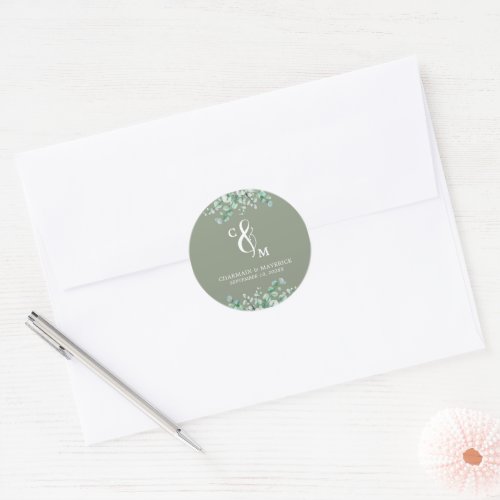 Elegant Monogram Sage Green Wedding Classic Round Sticker