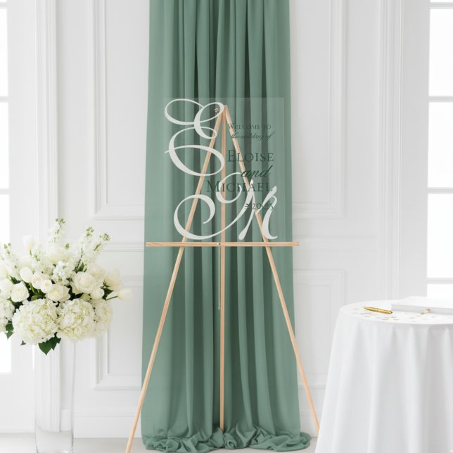 Elegant Monogram Sage Green Wedding Welcome Acrylic Sign (Welcome guests in effortless style with this Sage Green Monogram Wedding Welcome Sign!)