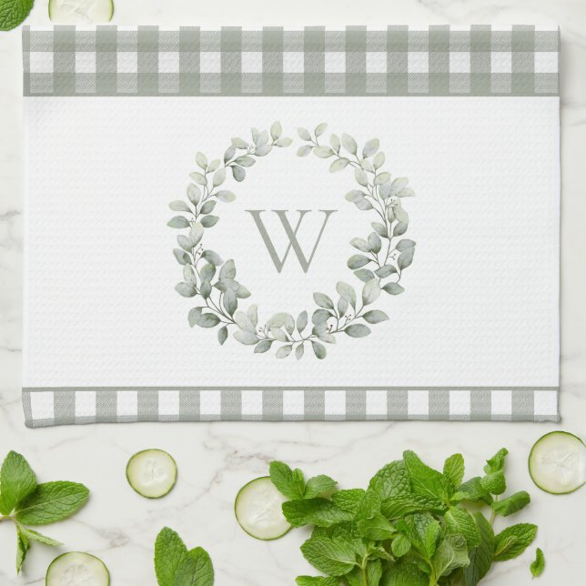 Elegant Monogram Sage White Plaid Kitchen Towel (Folded)