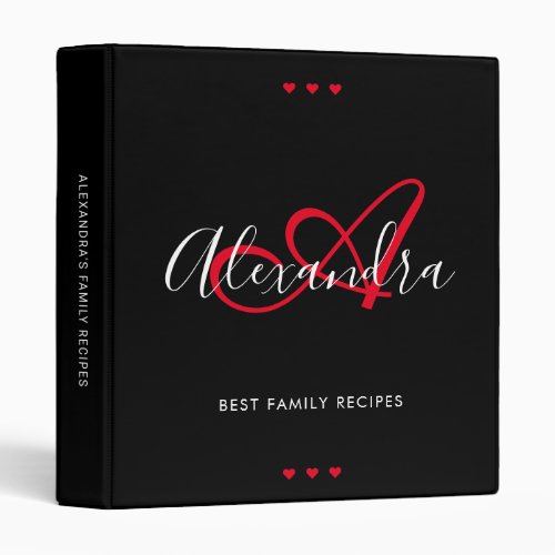 Elegant Monogram Scarlet Red Script Name Black 3 Ring Binder