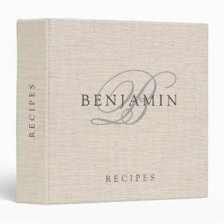 Elegant Monogram Script Beige Linen Creme Recipe 3 Ring Binder