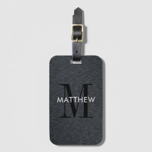 Elegant Monogram Script Black Brushed Metal Luggage Tag