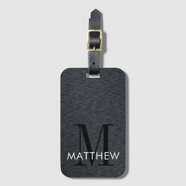 Elegant Monogram Script Black Brushed Metal  Luggage Tag (Front Vertical)