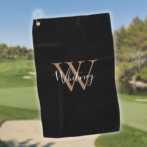 Elegant Monogram Script Black Gold White Golf Towel