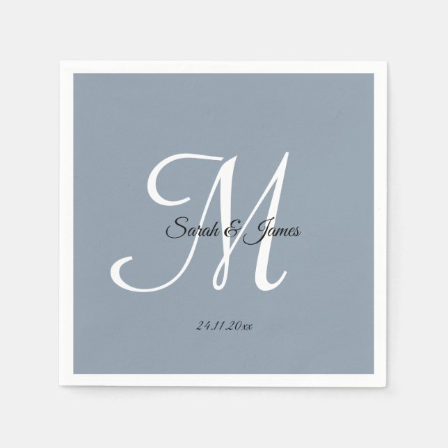 Elegant Monogram Script Dusty Blue Wedding Party Napkins (Front)