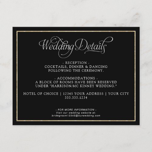 Elegant Monogram Script Gold Black Wedding Details Enclosure Card