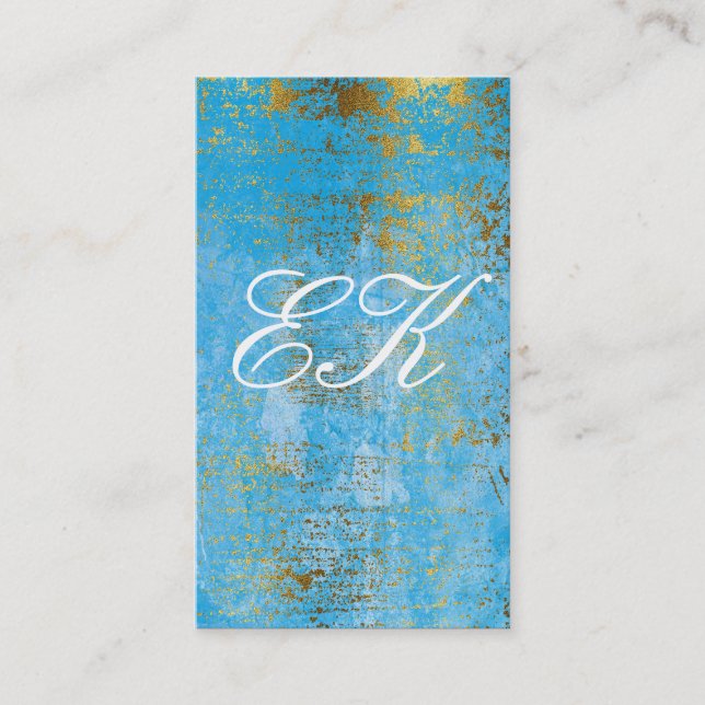 Elegant Monogram Script Gold Grunge Blue Texture Business Card (Front)