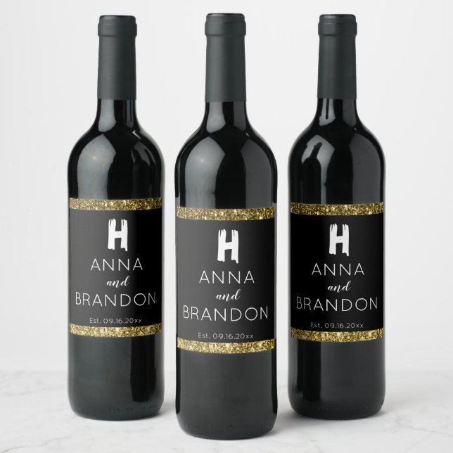 Elegant Monogram Script Modern Wedding Black Gold  Wine Label (Bottles)