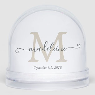 Elegant Monogram Script Name Custom Date  Snow Globe