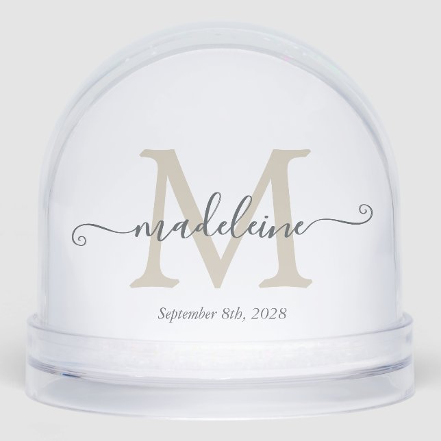 Elegant Monogram Script Name Custom Date  Snow Globe (Front)