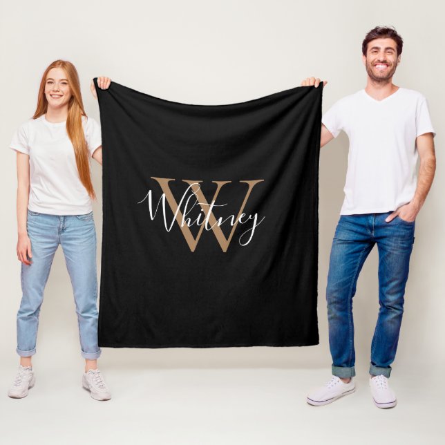 Elegant Monogram Script Name Gold Black  Fleece Bl Blanket (In Situ)
