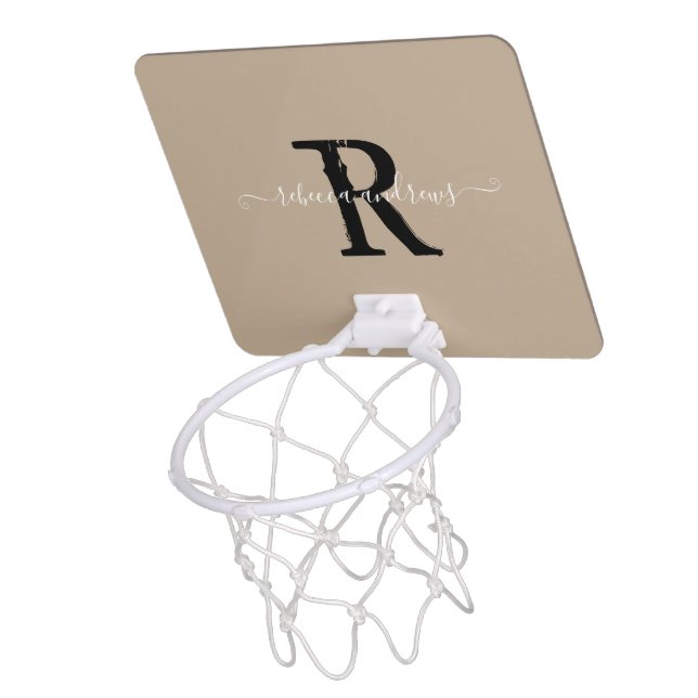Elegant Monogram Script Name Initial Taupe Custom  Mini Basketball Hoop (Above)