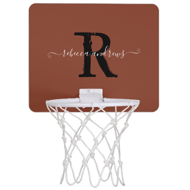 Elegant Monogram Script Name Initial Terracota   Mini Basketball Hoop (Front)