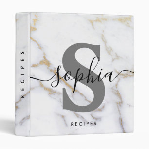 Elegant Monogram Script Name Marble Gold Recipe 3 Ring Binder