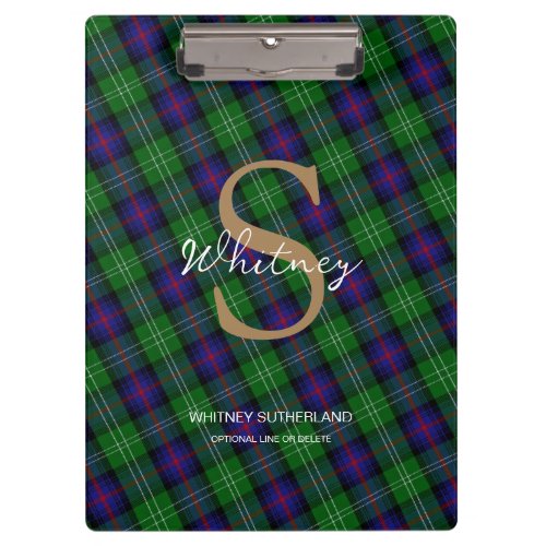 Elegant Monogram Script Name Sutherland Tartan Clipboard