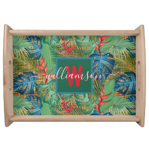 Elegant Monogram Script Name Tropical  Serving Tray