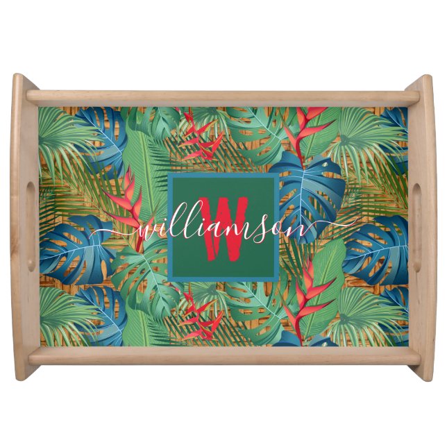 Elegant Monogram Script Name Tropical  Serving Tray (Front)