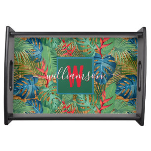 Elegant Monogram Script Name Tropical Serving Tray