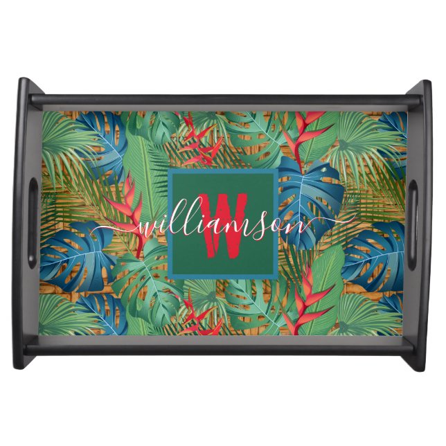 Elegant Monogram Script Name Tropical Serving Tray (Front)
