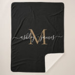 Elegant Monogram Script Names Black Gold Newlywed Sherpa Blanket<br><div class="desc">Chic, modern and simple monogrammed sherpa blanket with your names and monogram in white elegant handwritten script calligraphy and gold modern typography on a black background. This stylish design is a perfect keepsake luxury gift for the newly wed couple. If you need any help or matching products please contact us...</div>