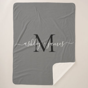 Elegant Monogram Script Names Black Gray Newlywed  Sherpa Blanket