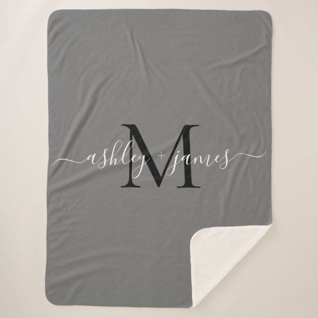 Elegant Monogram Script Names Black Gray Newlywed  Sherpa Blanket (Front)