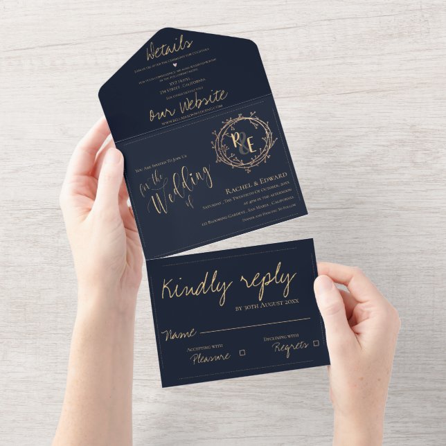 Elegant Monogram Script  Navy Gold Wreath  Wedding All In One Invitation (Tearaway)