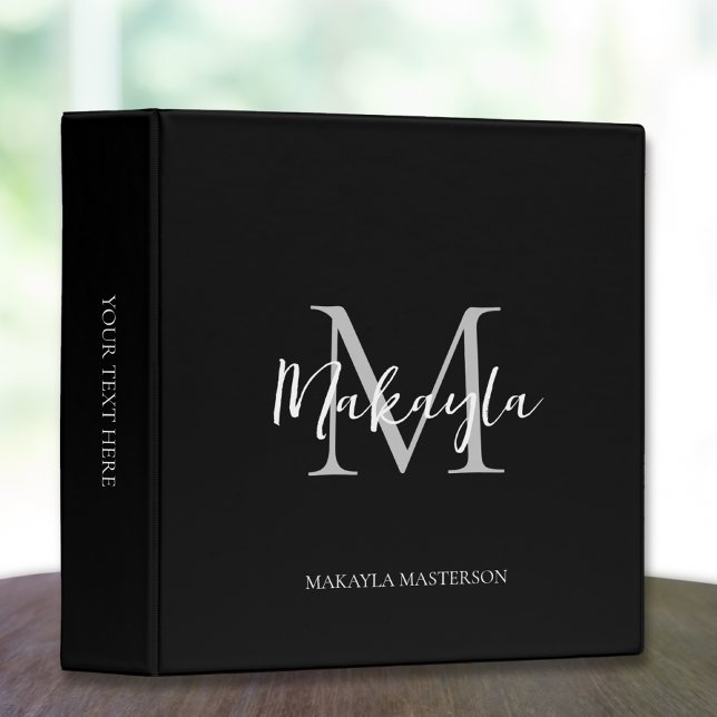 Elegant Monogram Script Office School Black 3 Ring Binder (Creator Uploaded)