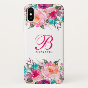 Elegant Monogram Script Pink Floral Watercolor iPhone X Case