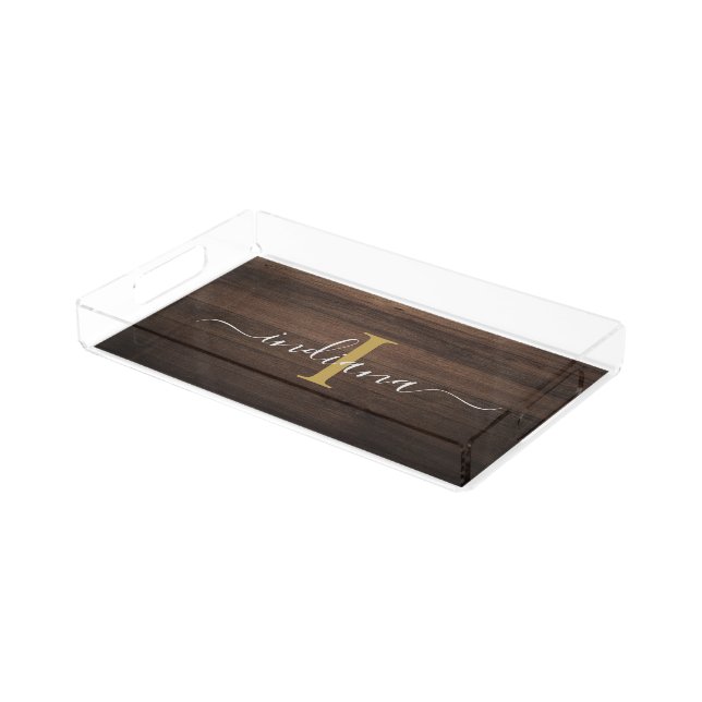 Elegant Monogram Script Rustic Wood Custom Acrylic Tray (Angled)