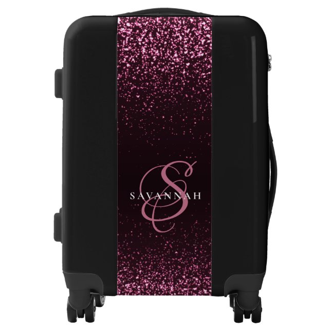 Elegant Monogram Script Stylish Pink Chic Glitter Luggage (Front)
