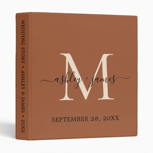 Elegant Monogram Script TerraCotta Ivory Wedding 3 Ring Binder