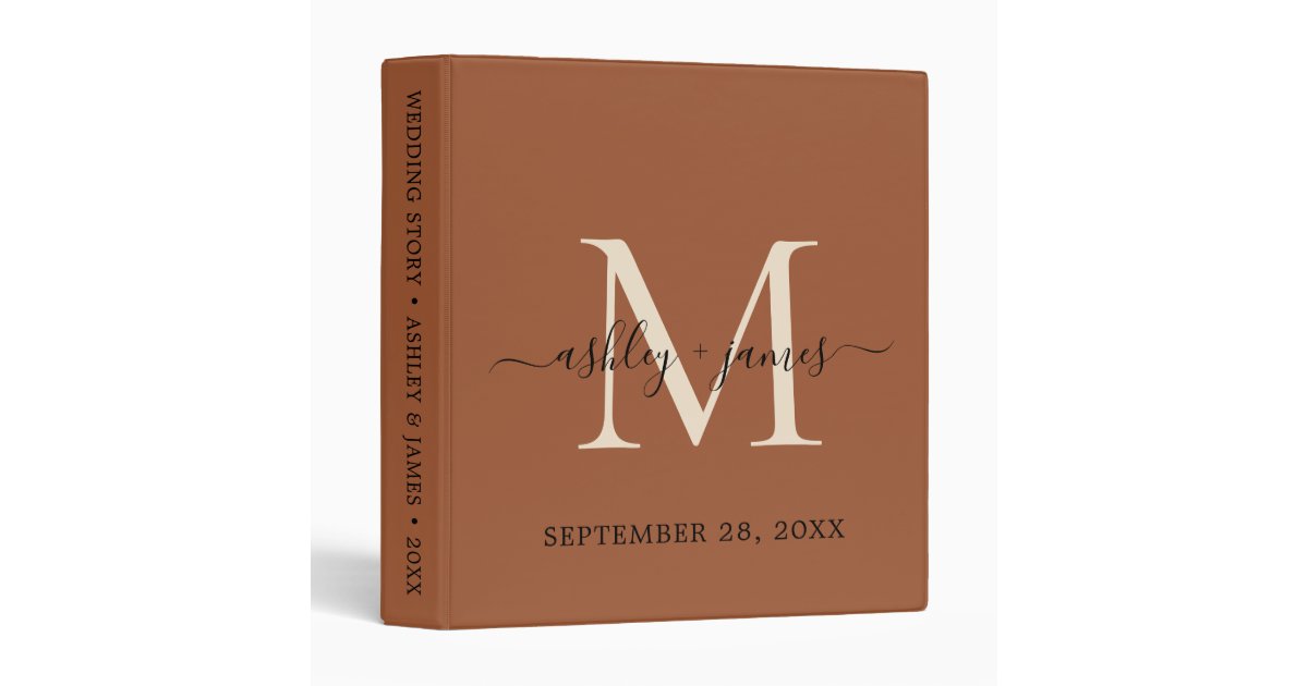 Elegant Monogram Script TerraCotta Ivory Wedding 3 Ring Binder | Zazzle